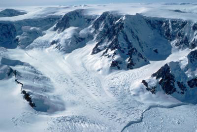 A new satellite survey shows that more than 300 glaciers on the Antarctic Peninsula are flowing toward the sea some 12 percent faster in 2003 than they were in 1993.
